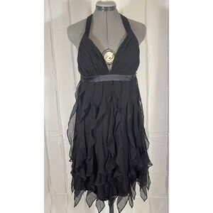 Taylor NWT 100% Silk Cascade Layered Dress Black  Halter Cocktail Sz  4 Ruffled